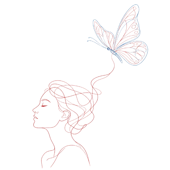 Ilustração em linha de um perfil humano com cabelo solto e uma borboleta saindo do alto da cabeça, em vermelho e azul